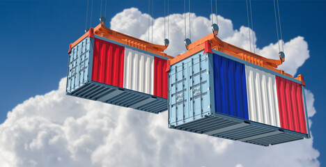 Shipping containers with Peru and France flag. 3D Rendering 
