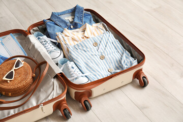 Plakat Open packed suitcase on wooden background