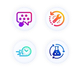 Ranking star, Recovery tool and Fast delivery icons simple set. Button with halftone dots. Chemistry experiment sign. Click rank, Backup info, Stopwatch. Laboratory flask. Technology set. Vector