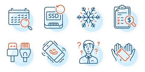 Smartphone holding, Computer cables and Air conditioning signs. Recovery ssd, Search calendar and Accounting report line icons set. Call center, Support consultant symbols. Outline icons set. Vector