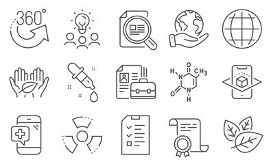 Set of Science icons, such as Vacancy, Chemistry pipette. Diploma, ideas, save planet. Interview, Chemical formula, 360 degrees. Medical phone, Check article, Chemical hazard. Vector