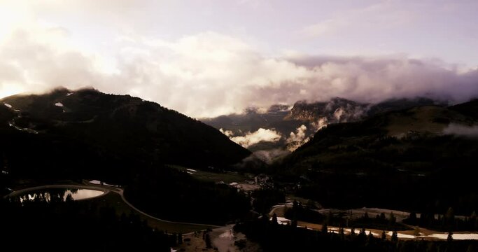 Val Gardena Aerial in spring. Sunset in the Alps. Plan de Gralba in South Tyrol