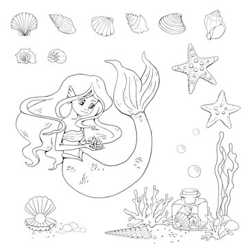 Cute cartoon mermaid, starfish, glass jar with various shells and seaweed. Sea theme. Isolated objects on white background. White and black vector illustrations for coloring book.