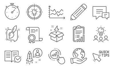 Set of Education icons, such as Painting brush, Approved documentation. Diploma, ideas, save planet. Timer, Comment, Idea. Startup, Diagram chart, Quick tips. Vector