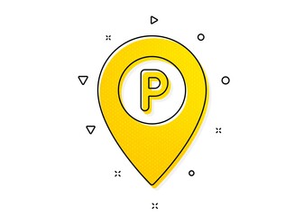 Location map pointer sign. Parking icon. Car park symbol. Yellow circles pattern. Classic parking icon. Geometric elements. Vector