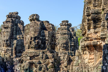 Buddha Faced Tower at the Bayon Temple at the Angkor Wat Complex in Siem Reap Cambodia