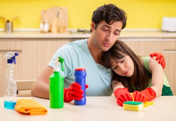 Young couple working at kitchen