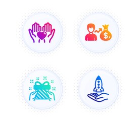 Gift, Sallary and Hold heart icons simple set. Button with halftone dots. Crowdfunding sign. Present, Person earnings, Friendship. Start business. People set. Gradient flat gift icon. Vector