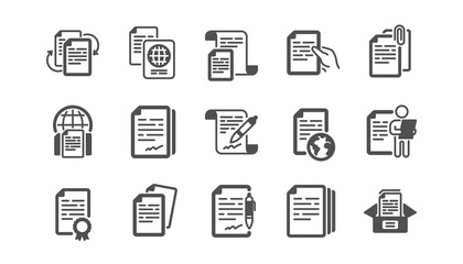 Documents icons set. Contract agreement, Copy files, Passport. CV interview, documents workflow, attachment clip icons. Change files, wrong document, bureaucracy and contract signature. Vector