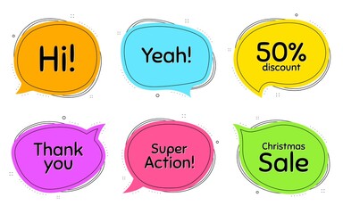 Super action, 50% discount and christmas sale. Thought chat bubbles. Thank you, hi and yeah phrases. Sale shopping text. Chat messages with phrases. Colorful texting thought bubbles. Vector