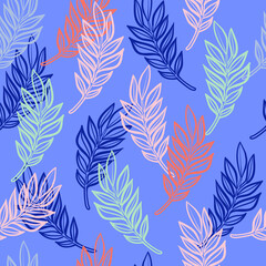 Seamless pattern with leaves on blue backdround