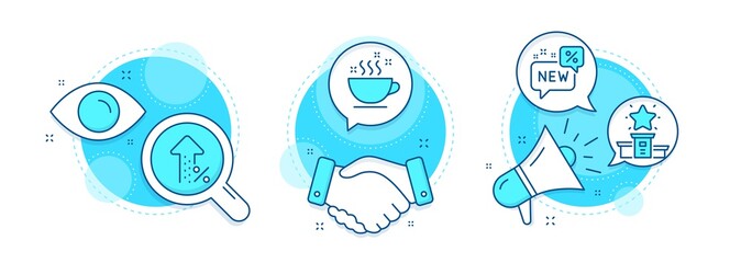 Coffee cup, Winner podium and Increasing percent line icons set. Handshake deal, research and promotion complex icons. New sign. Hot drink, First place, Discount. Business set. Vector