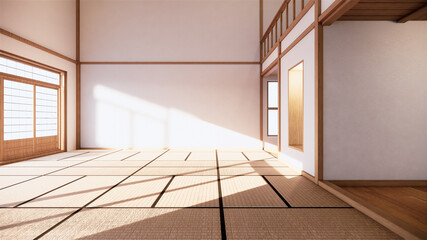 Japanese-style interior of the first floor in a two-story house. 3D rendering