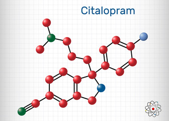 Citalopram, C20H21FN2O molecule. It is is antidepressant, selective serotonin reuptake inhibitor (SSRI) class, is widely used to treat symptoms of depression. Sheet of paper in a cage.
