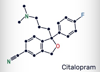 Citalopram, C20H21FN2O molecule. It is antidepressant, selective serotonin reuptake inhibitor (SSRI) class, is widely used to treat symptoms of depression. Vector illustration