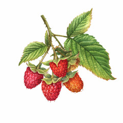 Closeup of a branch of red raspberry fruits (known as Rubus idaeus) with green leaves. Watercolor hand drawn painting illustration isolated on white background.