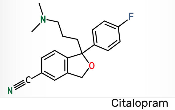Citalopram, C20H21FN2O molecule. It is antidepressant, selective serotonin reuptake inhibitor (SSRI) class, is widely used to treat symptoms of depression. Skeletal chemical formula.