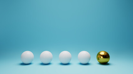 abstract white and golden balls on blue backdrop, abstract 3D background concept