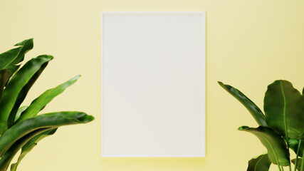 picture frame on yellow wall with leaves in front,  3D background concept