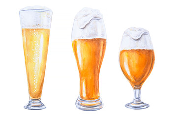 Watercolor hand drawn beer with foam in glass mugs on a white isolated background. Pint of beer