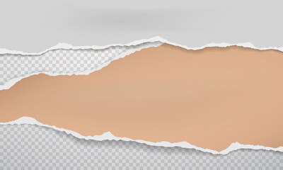 Torn, ripped pieces of horizontal brown and white paper with soft shadow are on squared background for text. Vector illustration