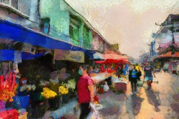 Fototapeta na wymiar Food market in the city in the provinces of Thailand Illustrations creates an impressionist style of painting.