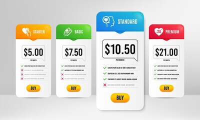 True love, Romantic talk and Hold heart icons simple set. Price table template. Love letter sign. Sweet heart, Friendship. Love set. Comparison table with true love icon. Vector