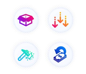 Open box, Scroll down and Hammer blow icons simple set. Button with halftone dots. Cashback sign. Delivery package, Swipe screen, Crash tool. Financial transfer. Technology set. Vector