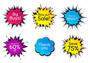 Save 75%, extra 60% discount and did you know. Comic speech bubble. Thank you, hi and yeah phrases. Sale shopping text. Chat messages with phrases. Colorful texting comic speech bubble. Vector