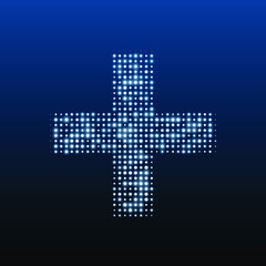 The plus symbol is evenly filled with white dots of different sizes. Vector illustration on blue background