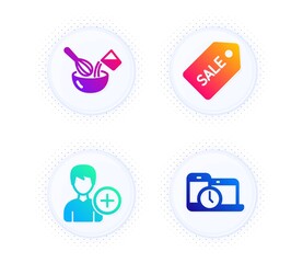 Sale ticket, Add person and Cooking whisk icons simple set. Button with halftone dots. Time management sign. Discount coupon, Edit user data, Cutlery. Laptop device. Business set. Vector