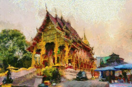 Ancient thai architecture Illustrations creates an impressionist style of painting.