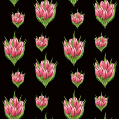 Fototapeta na wymiar Bouquets of pink tulips on a black background. Watercolor hand draw illustration in the form of a pattern for printing on fabric.