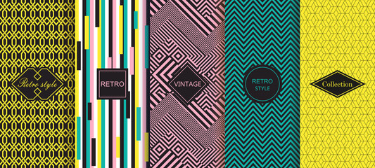 Set of abstract geometric backgrounds in bright retro colours with seamless textured patterns. Vector illustration. Template greeting card, invitation and advertising banner, brochure - 355944733