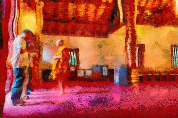 Monks and people in the temple Illustrations creates an impressionist style of painting.