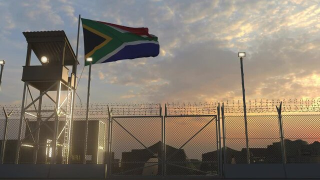 Military base with waving flag of South africa 3d