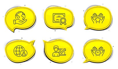 Success business sign. Diploma certificate, save planet chat bubbles. Ranking, International recruitment and Safe time line icons set. Hold star, World business, Management. Growth chart. Vector