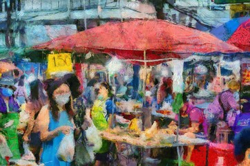 Fototapeta na wymiar Food market in the city in the provinces of Thailand Illustrations creates an impressionist style of painting.