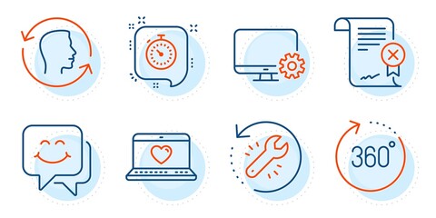 Reject certificate, Smile face and Face id signs. Timer, 360 degrees and Recovery tool line icons set. Monitor settings, Web love symbols. Time management, Panoramic view. Technology set. Vector