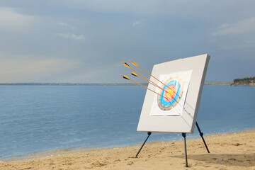 Target for archery with arrows on river bank