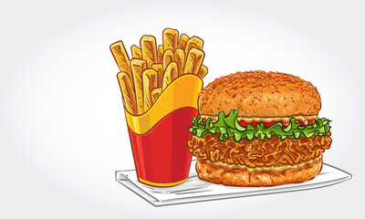 Hand drawn vector illustration of a crispy fried chicken burger with thick cut fries.
