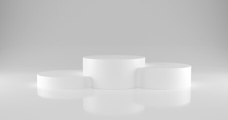 White cylinder winners podium with three rank places. Pedestal. 3D illustration