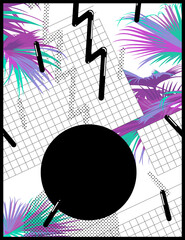 Retro - vintage black and white geometric design elements and bright pastel tropical palm tree, clean 80s - 90s style nostalgic feelings