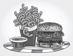 Hand drawn grayscale vector illustration of a burger with curly fries and ketchup on a plate.