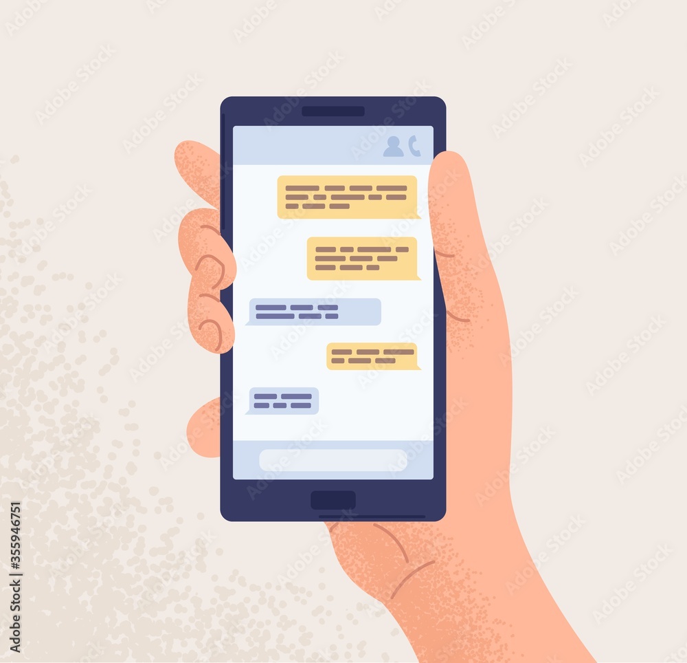 Poster male hand holding smartphone with message chart on screen vector flat illustration. human arm with m