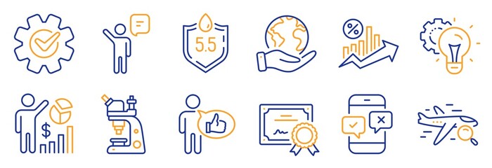 Set of Technology icons, such as Phone survey, Idea gear. Certificate, save planet. Like, Seo statistics, Cogwheel. Agent, Microscope, Loan percent. Search flight, Ph neutral line icons. Vector