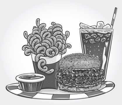 Hand drawn grayscale vector illustration of a crispy chicken burger with curly fries, ketchup and iced soda.