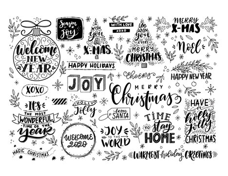 Winter and Christmas lettering. Holiday set with decorative Elements