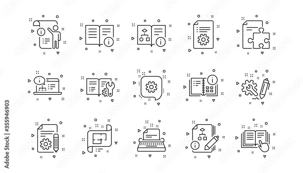 Poster instruction, plan and manual. technical documentation line icons. algorithm linear icon set. geometr