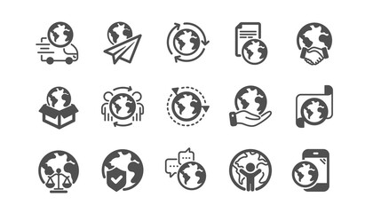 World business icons set. Translate language, Outsource business, Global law. International organization, financial transactions, world map icons. Delivery service, global outsource. Vector